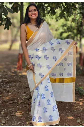 beige zari ethnic motifs pure cotton kasavu saree with blouse