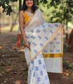 beige zari ethnic motifs pure cotton kasavu saree with blouse
