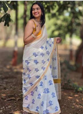 beige zari ethnic motifs pure cotton kasavu saree with blouse 2