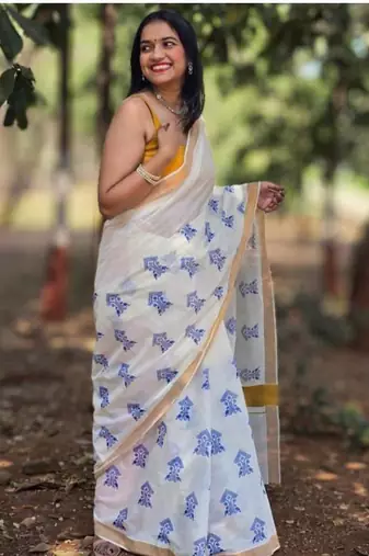 beige zari ethnic motifs pure cotton kasavu saree with blouse