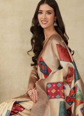 beige printed silk cotton kasavu saree with blouse 1