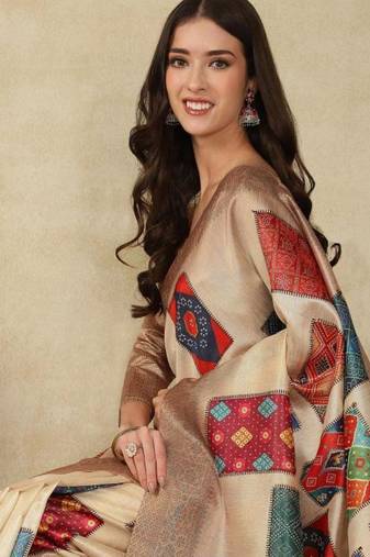 beige printed silk cotton kasavu saree with blouse