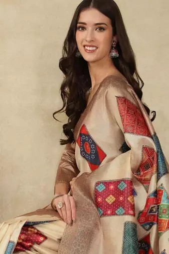 beige printed silk cotton kasavu saree with blouse