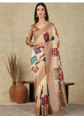 beige printed silk cotton kasavu saree with blouse 2