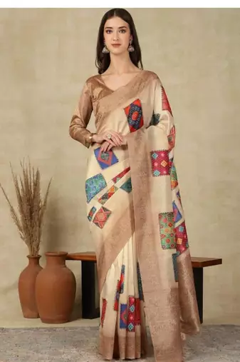 beige printed silk cotton kasavu saree with blouse