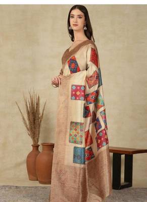 beige printed silk cotton kasavu saree with blouse 3