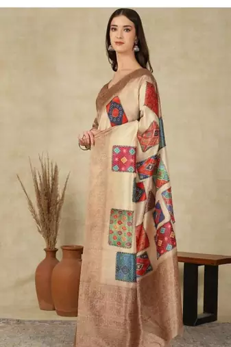 beige printed silk cotton kasavu saree with blouse