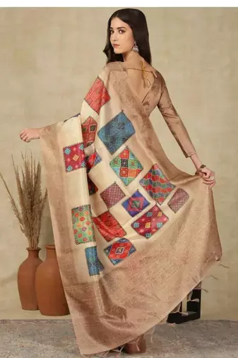 beige printed silk cotton kasavu saree with blouse