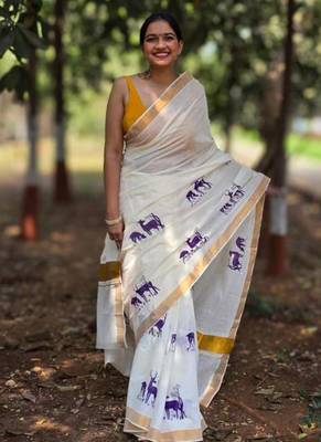 white woven design silk cotton kasavu saree with blouse 1