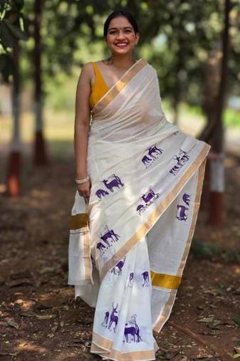 white woven design silk cotton kasavu saree with blouse