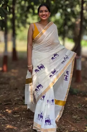 white woven design silk cotton kasavu saree with blouse