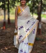 white woven design silk cotton kasavu saree with blouse