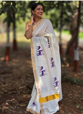 white woven design silk cotton kasavu saree with blouse 2