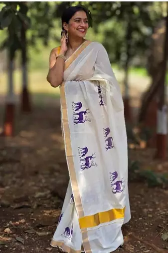 white woven design silk cotton kasavu saree with blouse