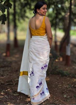 white woven design silk cotton kasavu saree with blouse 3
