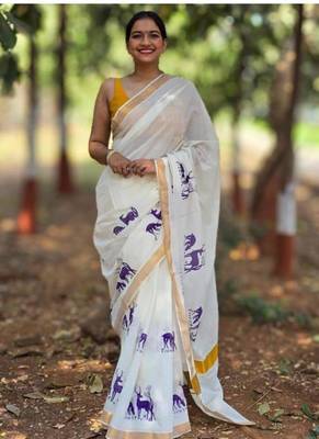 white woven design silk cotton kasavu saree with blouse 4