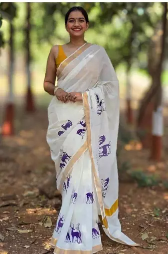 white woven design silk cotton kasavu saree with blouse