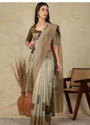 beige woven design silk cotton kasavu saree with blouse 1