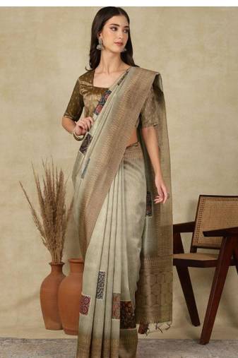 beige woven design silk cotton kasavu saree with blouse