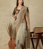 beige woven design silk cotton kasavu saree with blouse