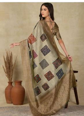 beige woven design silk cotton kasavu saree with blouse 2