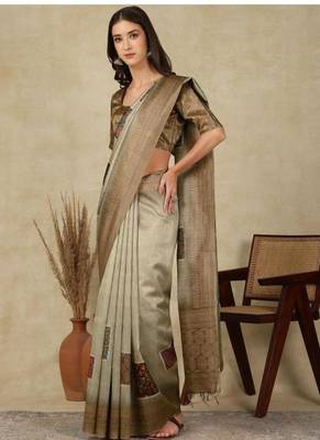 beige woven design silk cotton kasavu saree with blouse 3