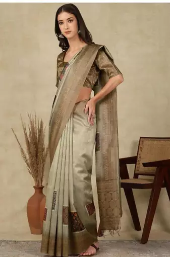 beige woven design silk cotton kasavu saree with blouse