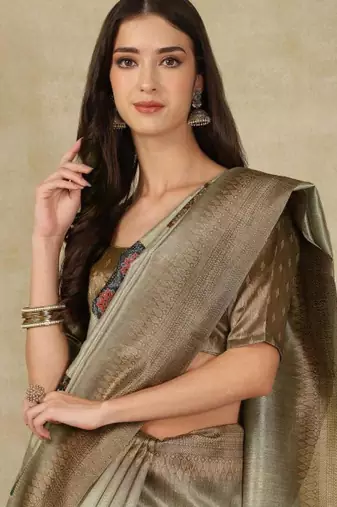 beige woven design silk cotton kasavu saree with blouse