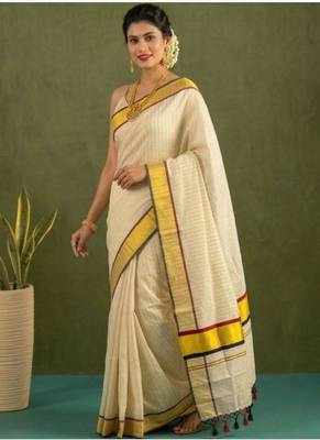 blue ethnic motifs printed tissue kasavu saree with blouse 1
