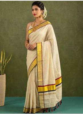 blue ethnic motifs printed tissue kasavu saree with blouse 2