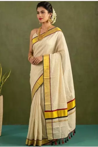 blue ethnic motifs printed tissue kasavu saree with blouse