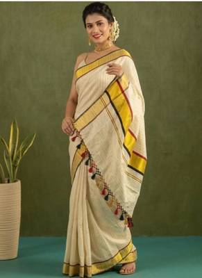 blue ethnic motifs printed tissue kasavu saree with blouse 3