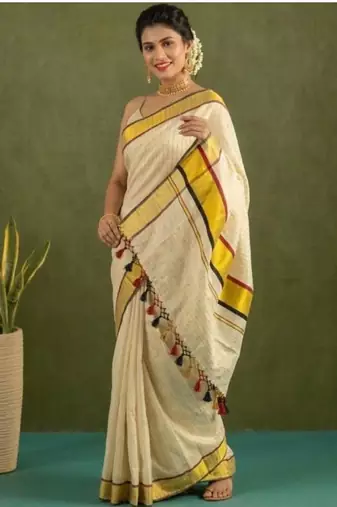 blue ethnic motifs printed tissue kasavu saree with blouse