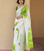 green printed linen blend kasavu saree with unstitched blouse