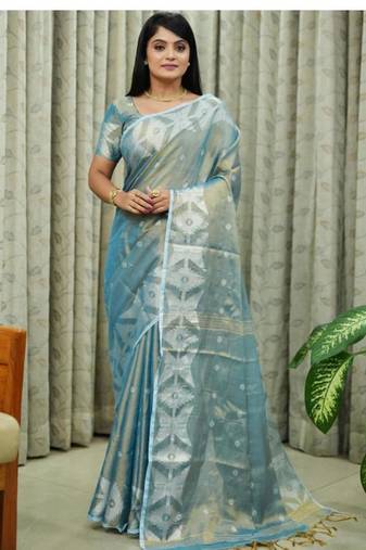 white floral linen blend kasavu saree with blouse piece