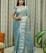 white floral linen blend kasavu saree with blouse piece