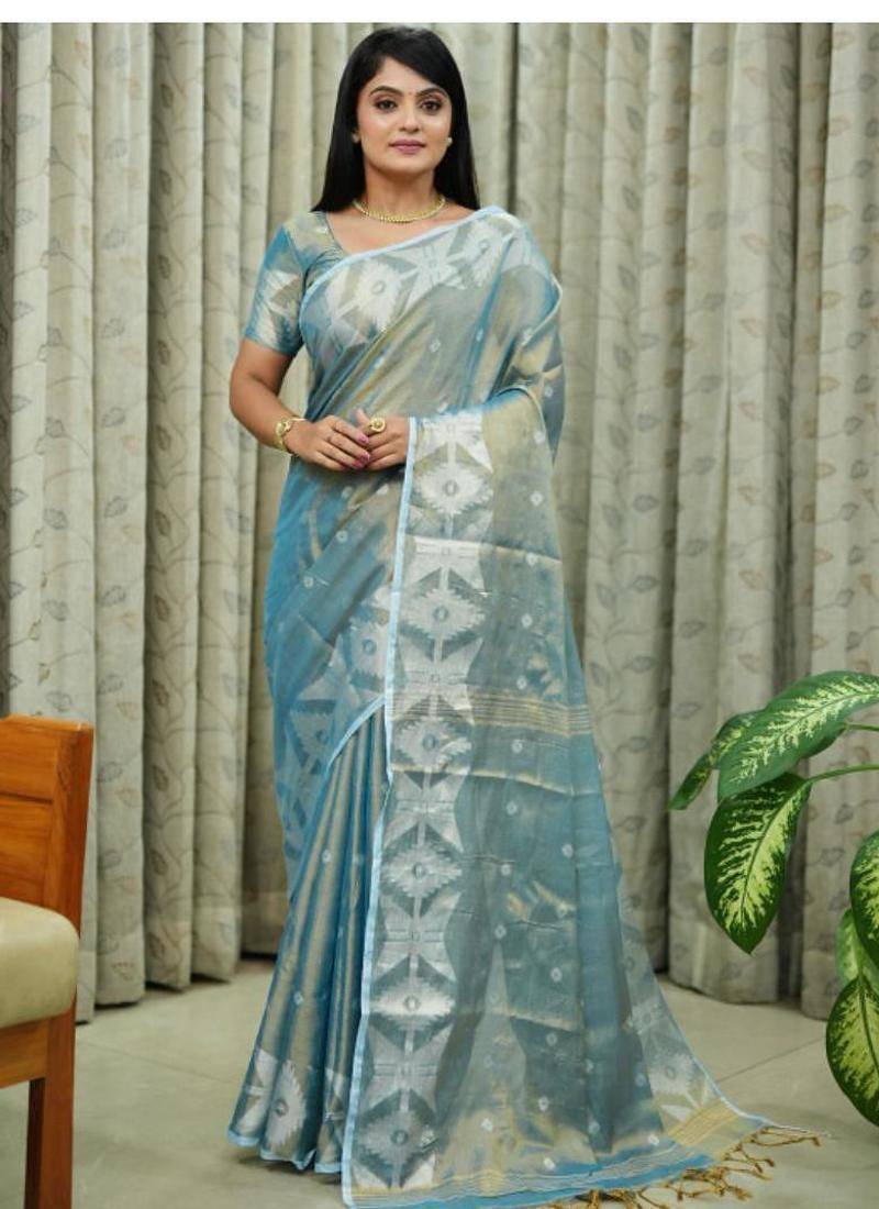 white floral linen blend kasavu saree with blouse piece