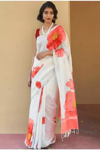 off white floral linen blend kasavu saree with blouse