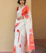 off white floral linen blend kasavu saree with blouse