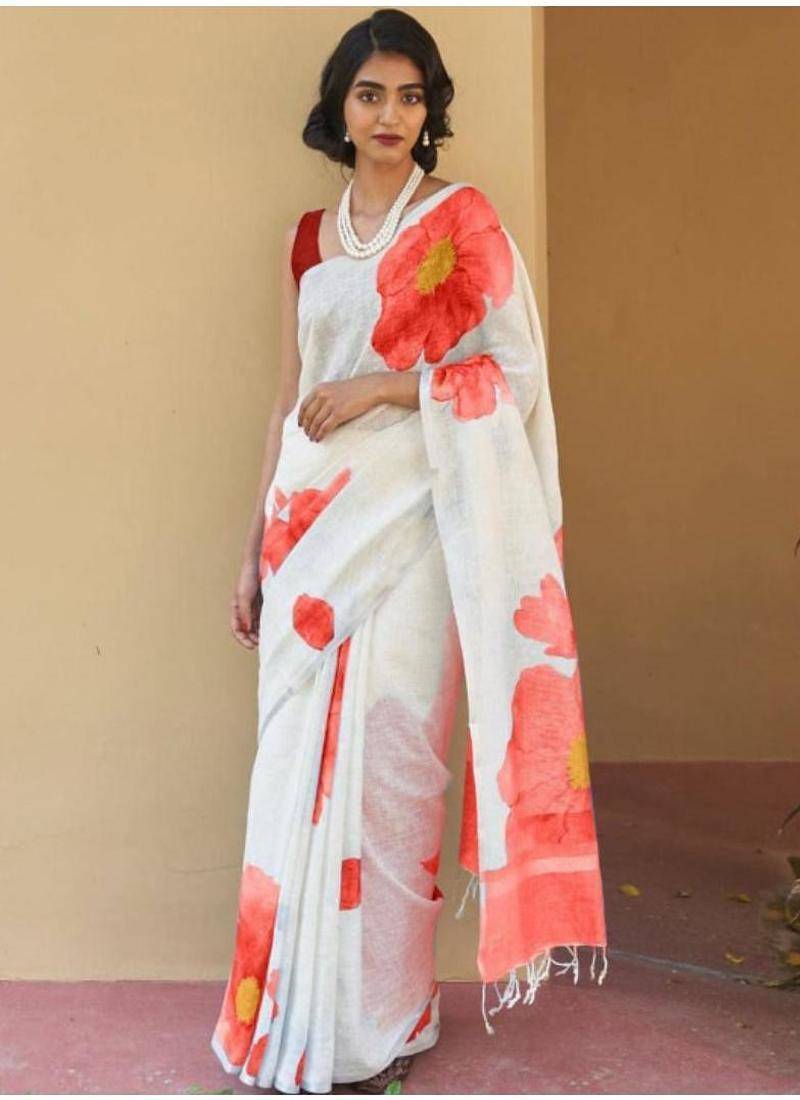 off white floral linen blend kasavu saree with blouse