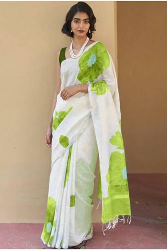 white floral printed linen blend kasavu saree with blouse