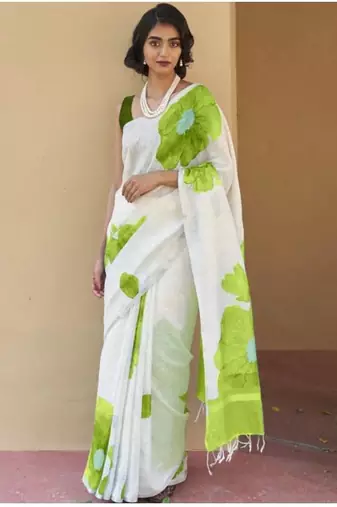white floral printed linen blend kasavu saree with blouse