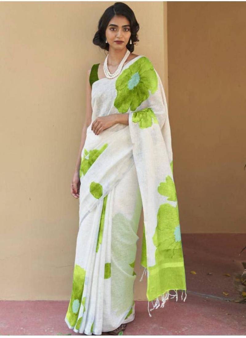 white floral printed linen blend kasavu saree with blouse