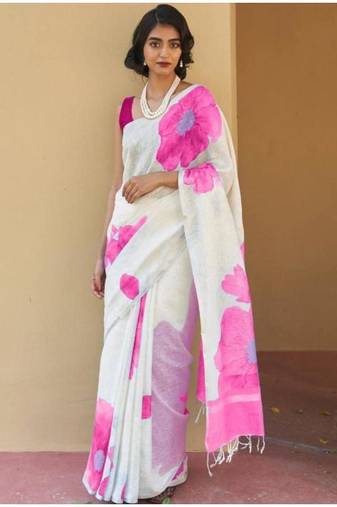 off white floral linen blend kasavu saree with satin blouse
