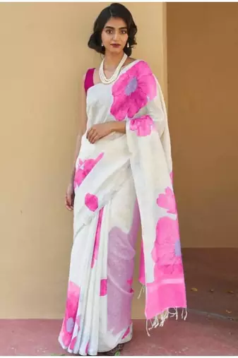 off white floral linen blend kasavu saree with satin blouse
