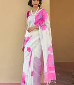 off white floral linen blend kasavu saree with satin blouse