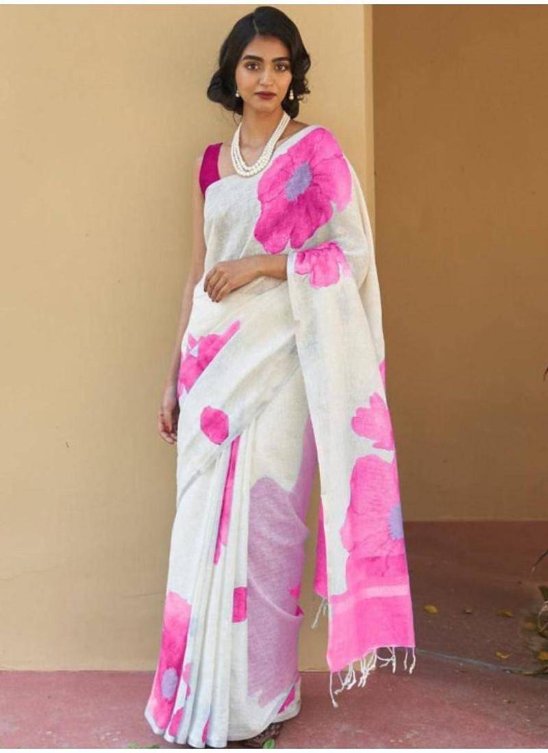 off white floral linen blend kasavu saree with satin blouse