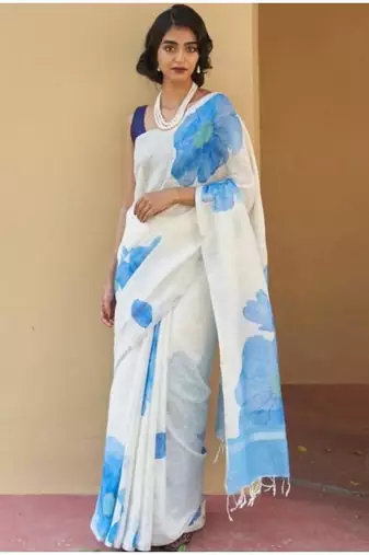 white embroidered silk blend kasavu saree with blouse