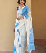 white embroidered silk blend kasavu saree with blouse