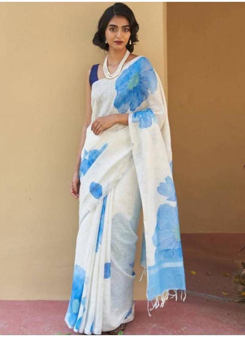 white embroidered silk blend kasavu saree with blouse